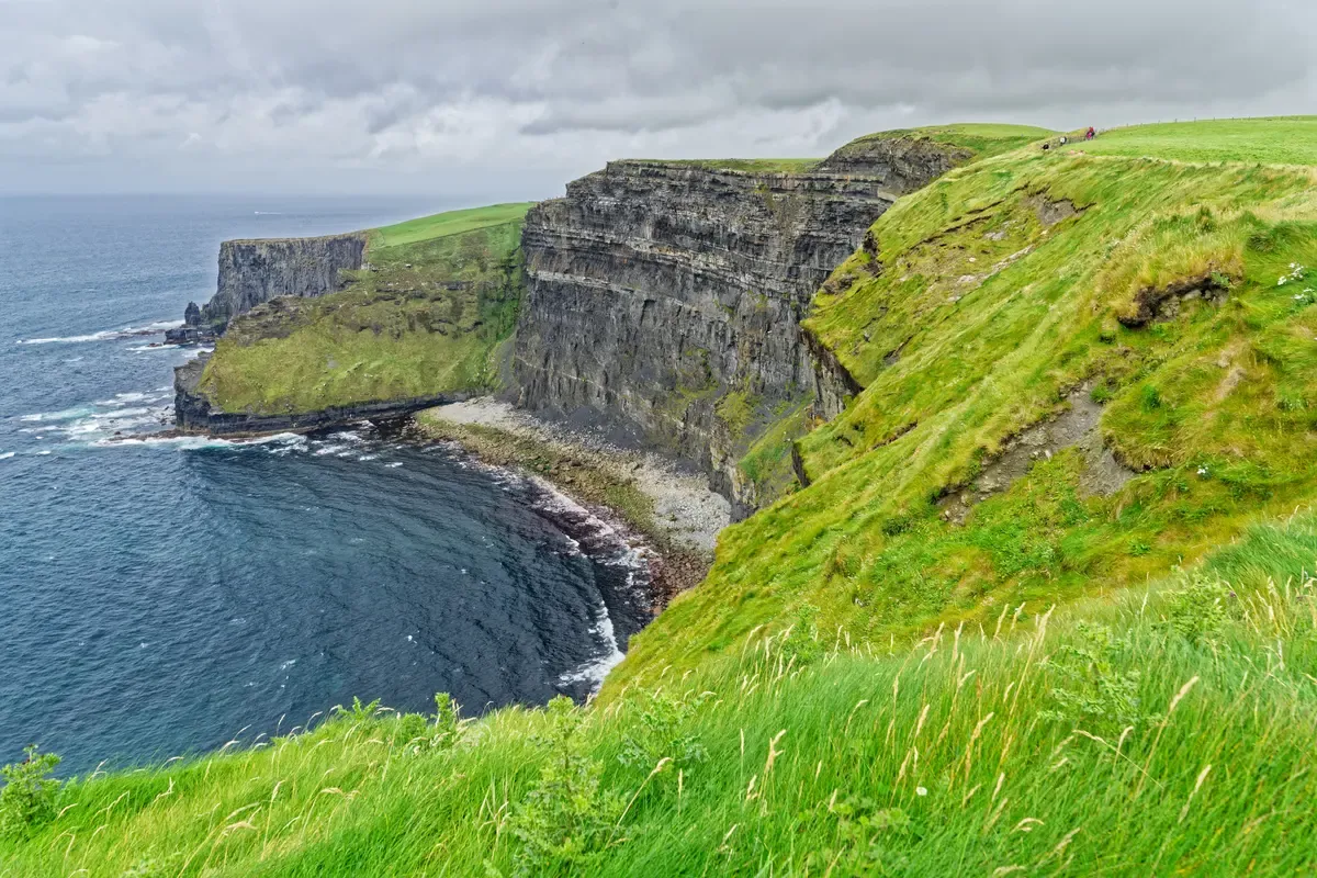 The Cliffs of Moher and a sea stack seen from the visitor path, the goal of the trip from Dublin to Cliffs of Moher, Ireland